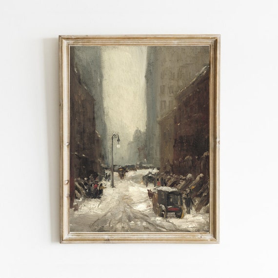 Winter Cityscape Painting Vintage New York Print Antique Moody Decor Snow In New York Wall Art