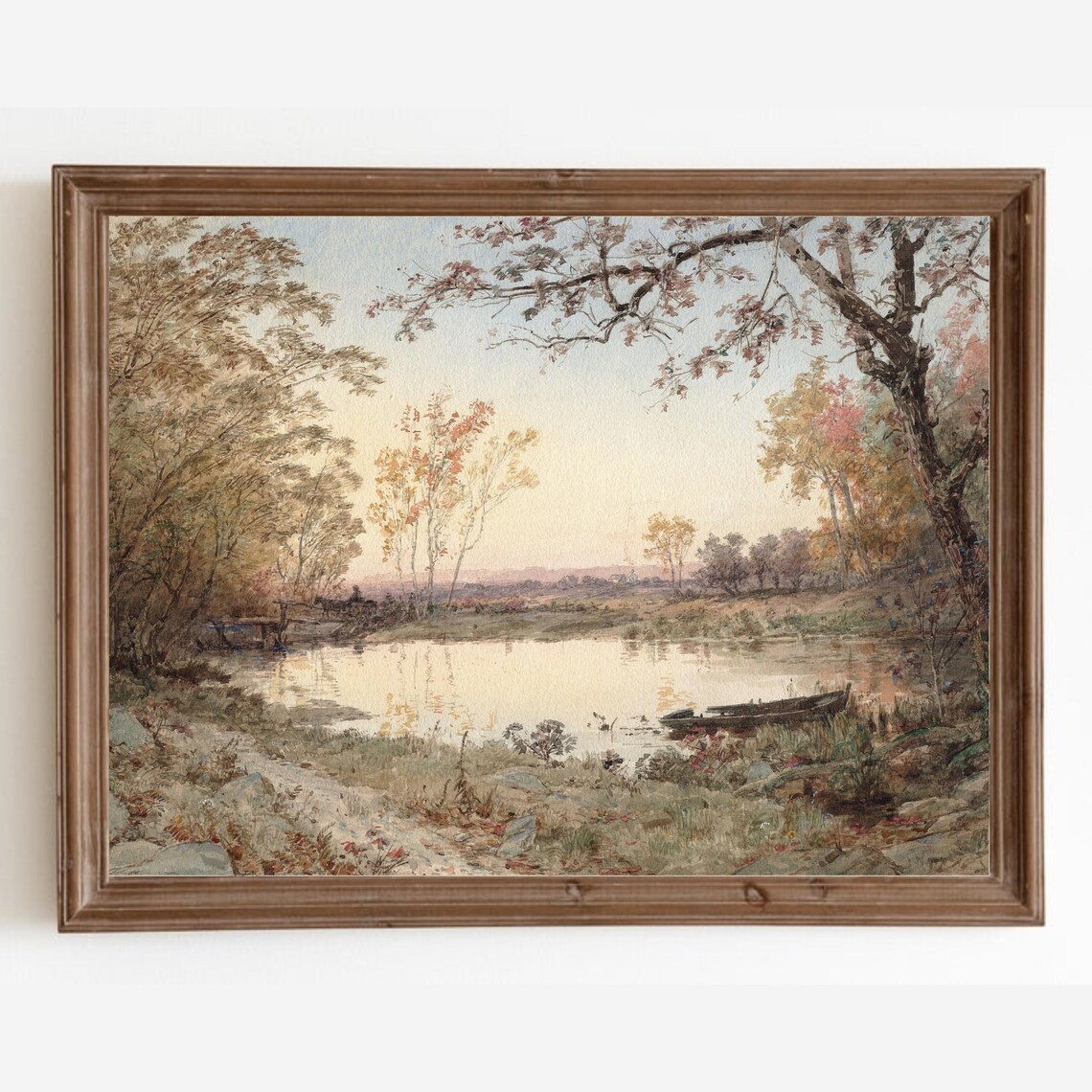 Vintage Lake Landscape, Rustic Autumn Art Print