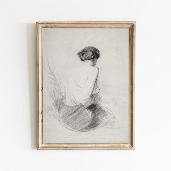 Antique Woman Figure Sketch Seated From Behind Pencil Drawing Vintage Print