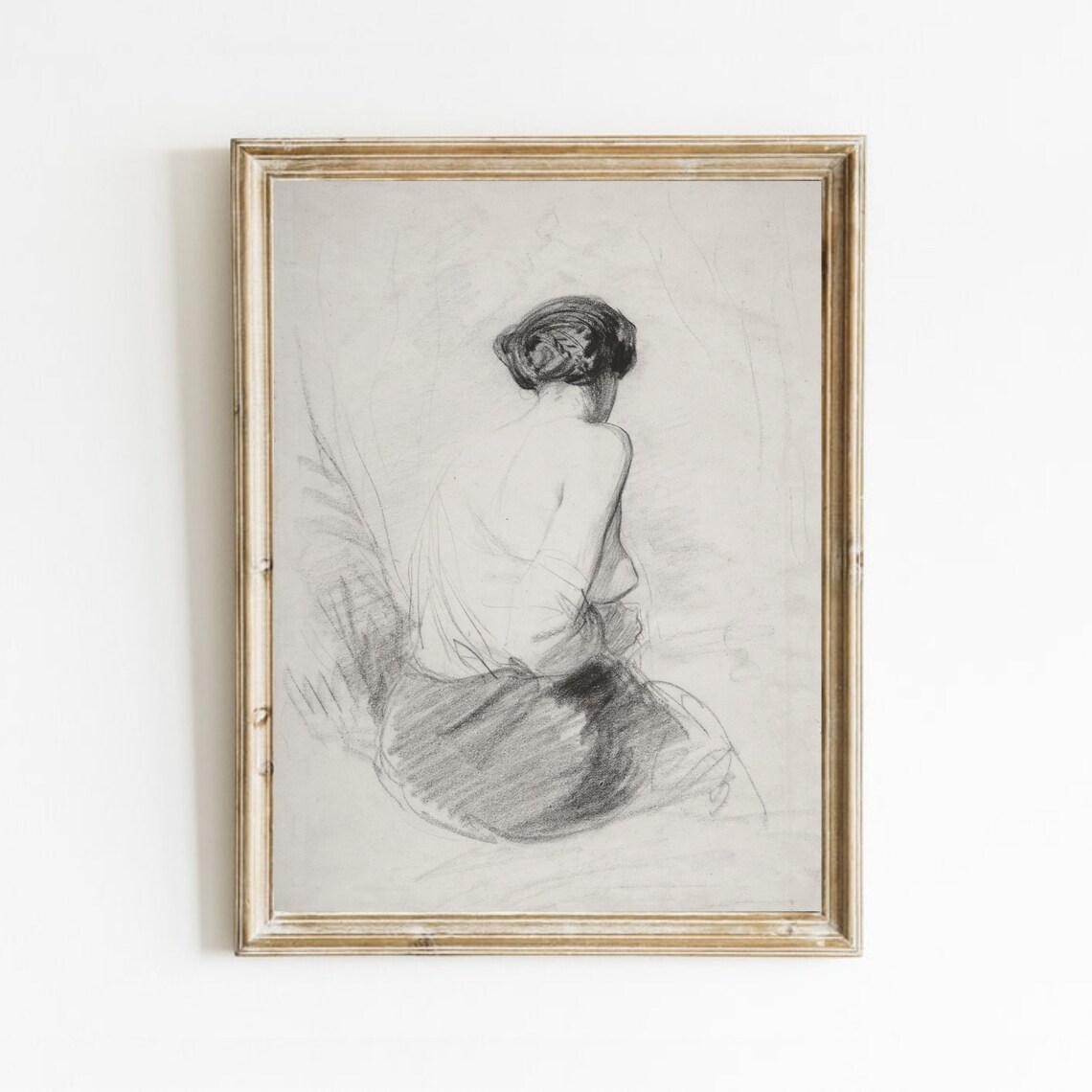 Antique Woman Figure Sketch Seated From Behind Pencil Drawing Vintage Print