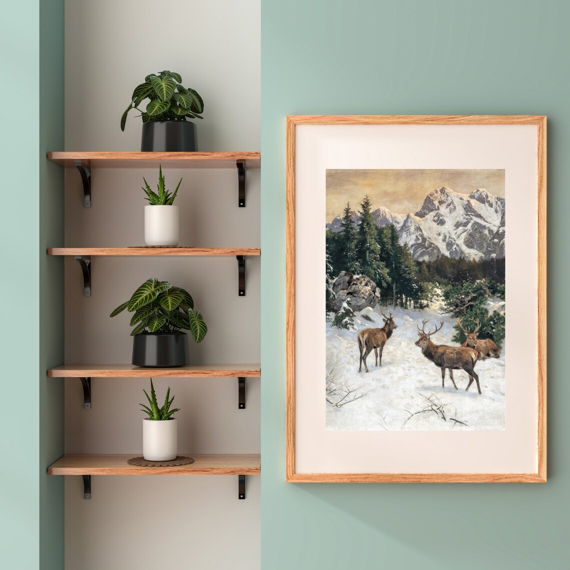 Winter Mountain Deer Landscape, Rustic Vintage Art Print - Image 2
