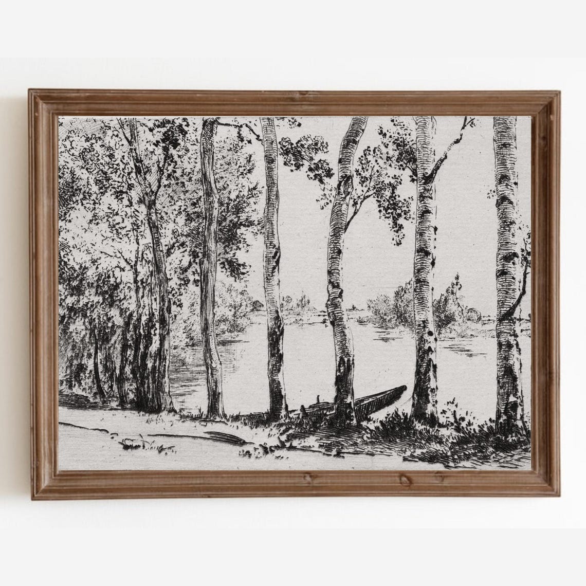 Antique Tree Etching Birch Trees Riverside Boat Black Ink Sketch Print