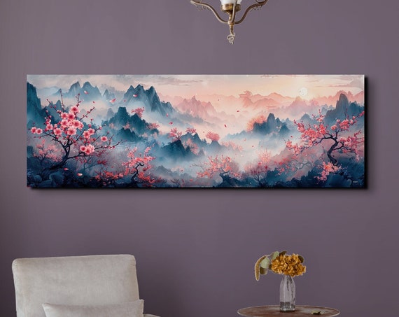 Peach Blossom Forest Wall Art Print Panoramic Wall Decor Livingroom Ready To Hang Smokey Mountain Forest Decor Japanese Style