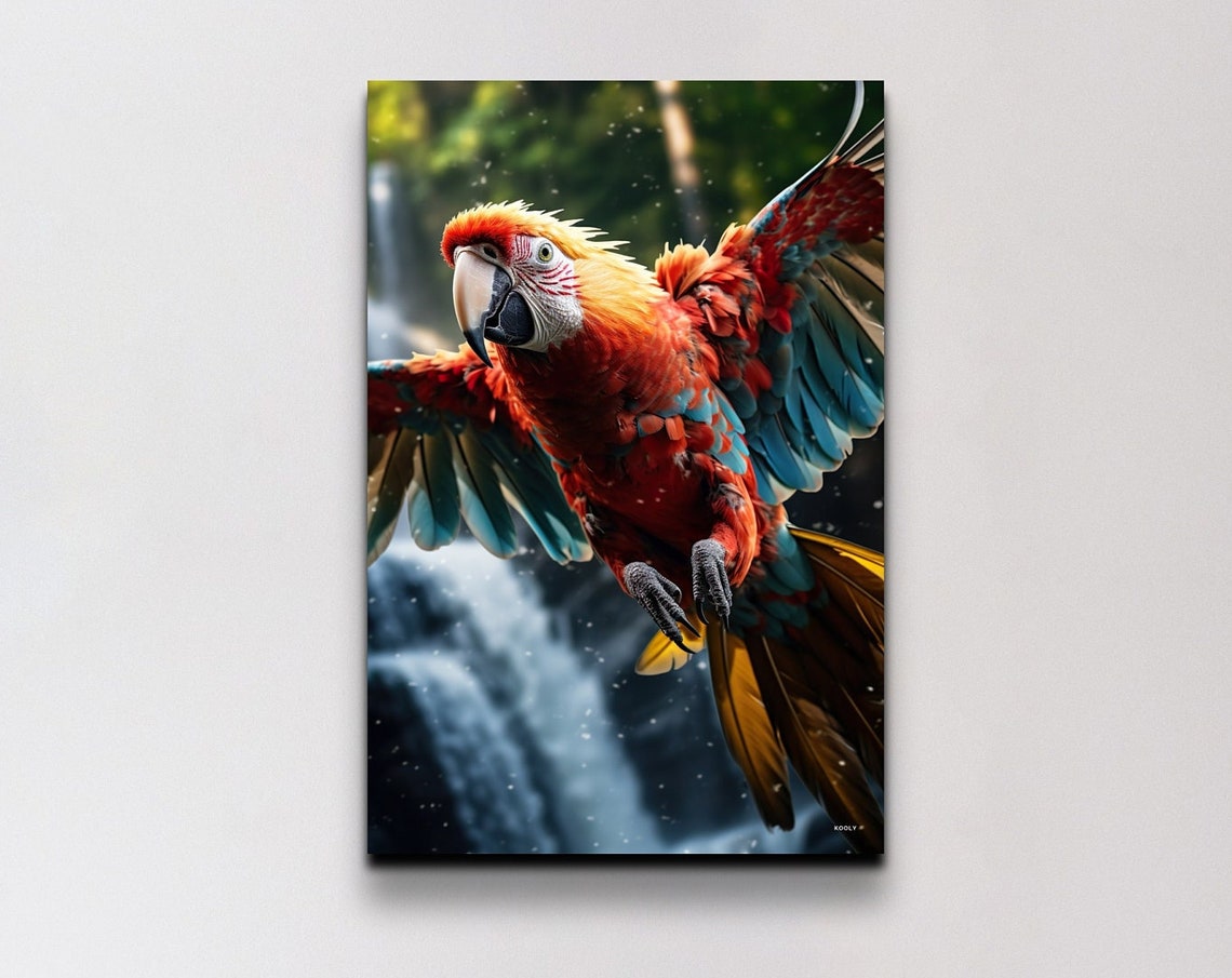 Scarlet Macaw Parrot Flying Past a Rainforest Waterfall Poster