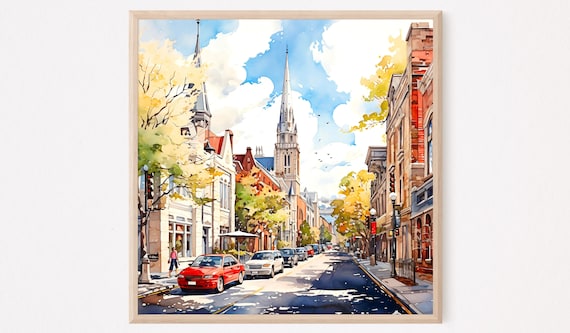 Ottawa Twin Spire Cathedral Watercolor Old Town Street Poster