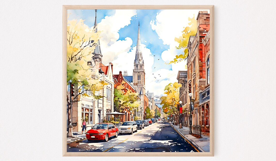 Ottawa Twin Spire Cathedral Watercolor Old Town Street Poster