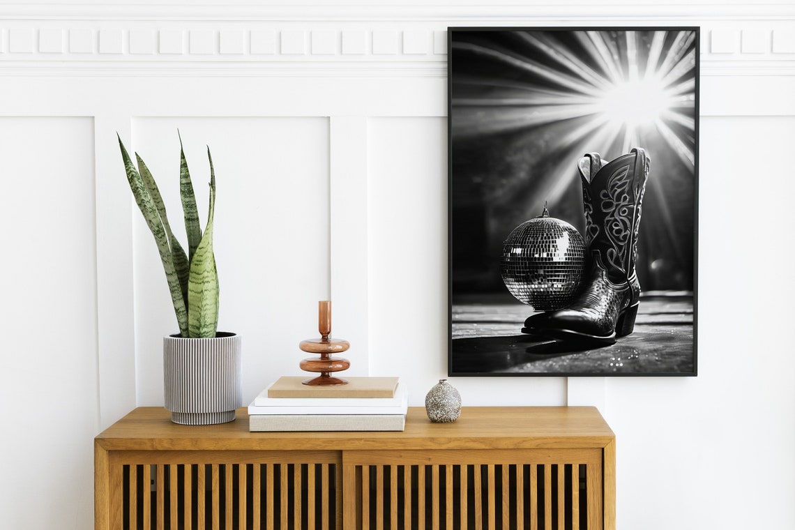 Cowboy Boot Disco Ball Black And White Photo Art Wall Poster - Image 2