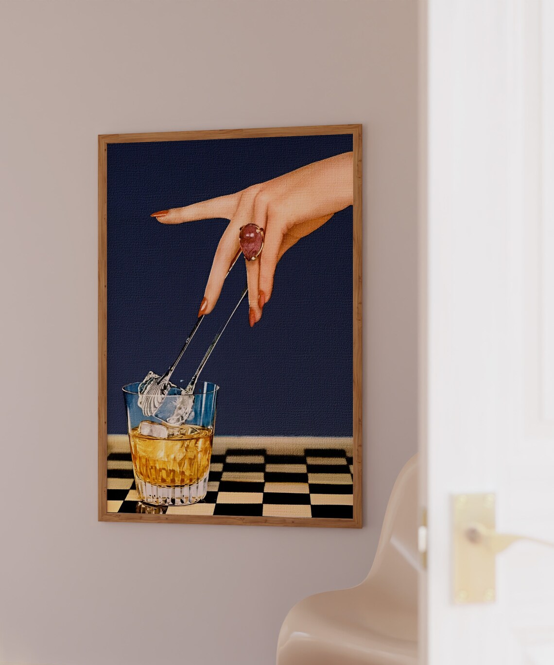 Retro Whisky Glass Ice Tongs Navy Bar Cart Photography Wall Art