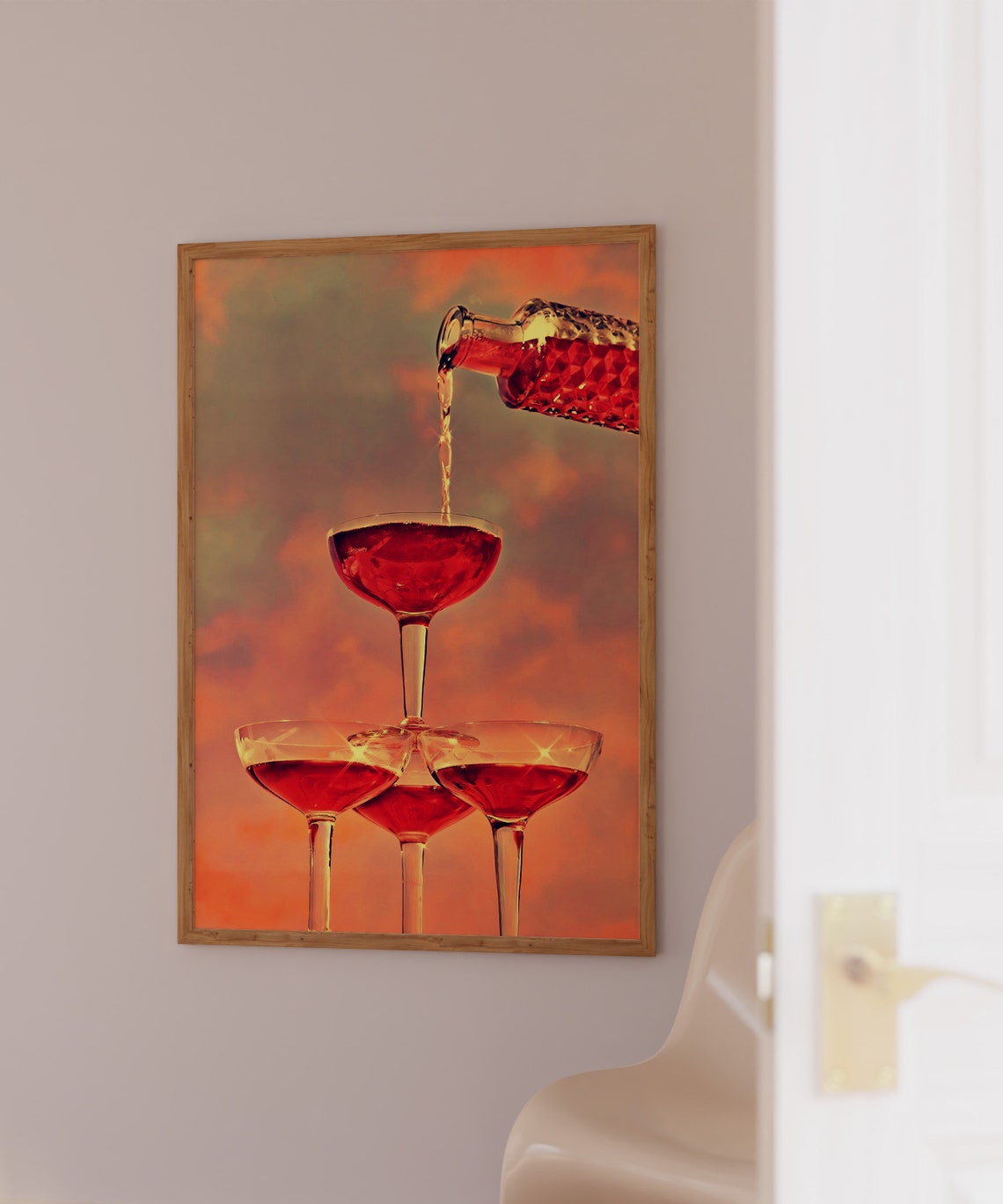 Red Coupe Glass Champagne Tower Sunset Cocktail Bar Cart Poster
