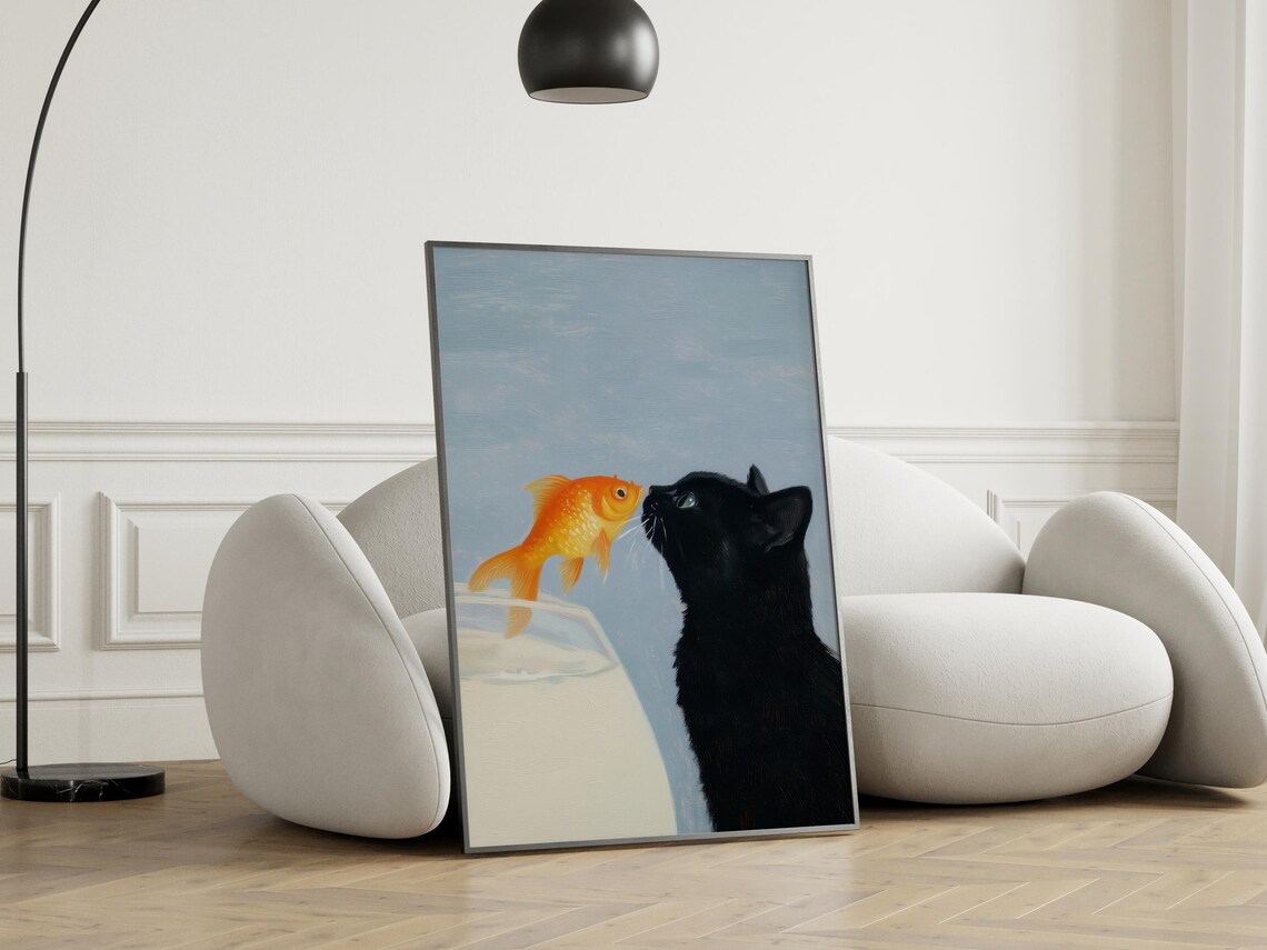 Black Cat Nose To Nose With Goldfish Cute Surreal Blue Background Cat Lover Art Poster - Image 6