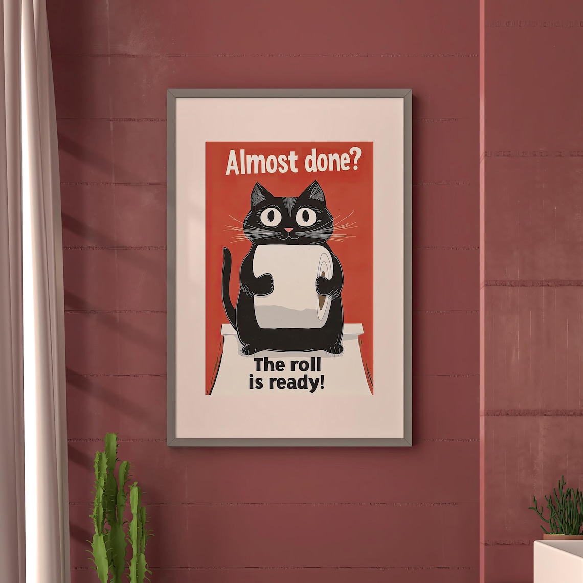 Funny Black Cat Holding Toilet Paper Almost Done The Roll Is Ready Bathroom Art Poster - Image 2