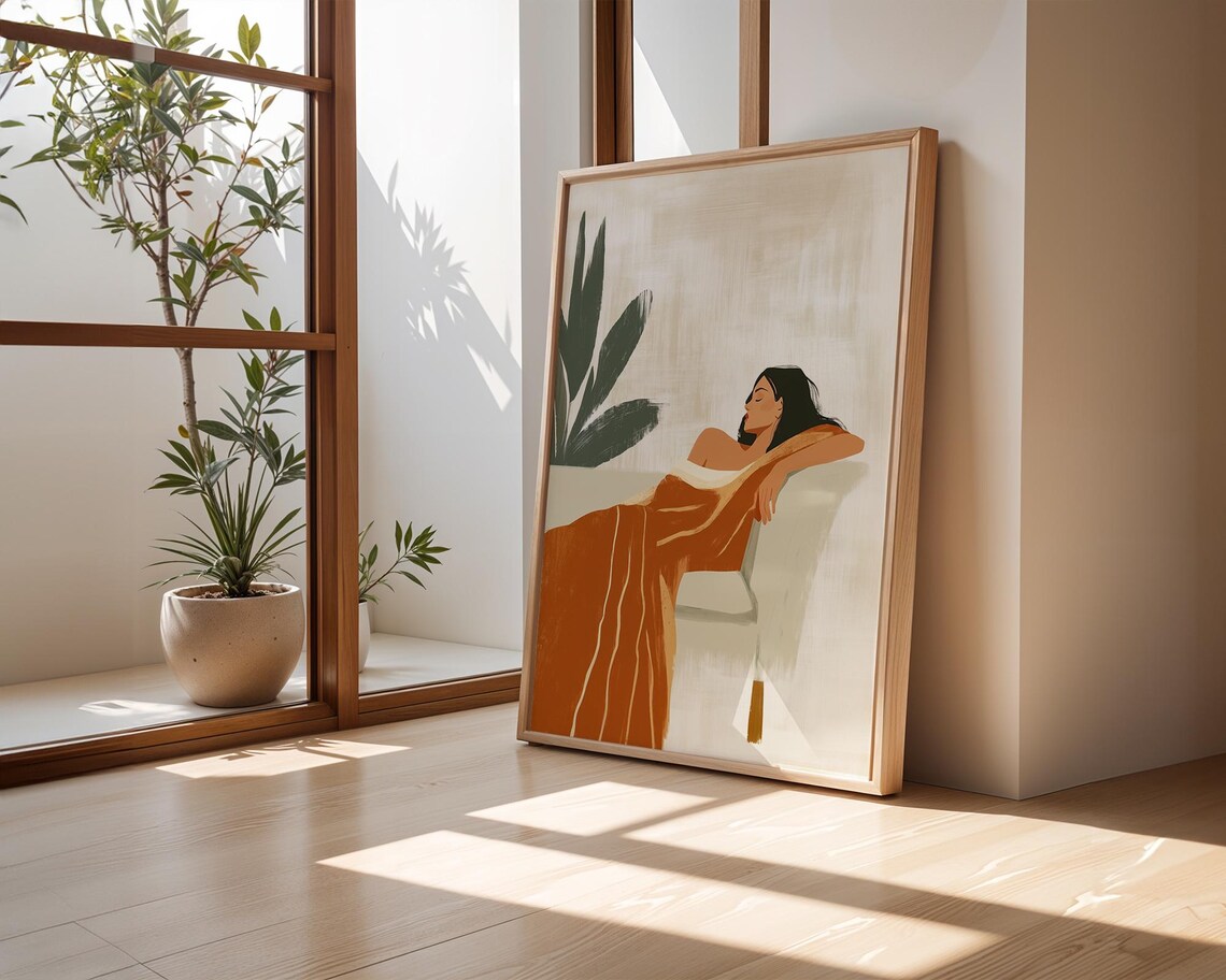 Relaxing Woman Draped in Rust Red Blanket Minimalist Lounge Poster - Image 5