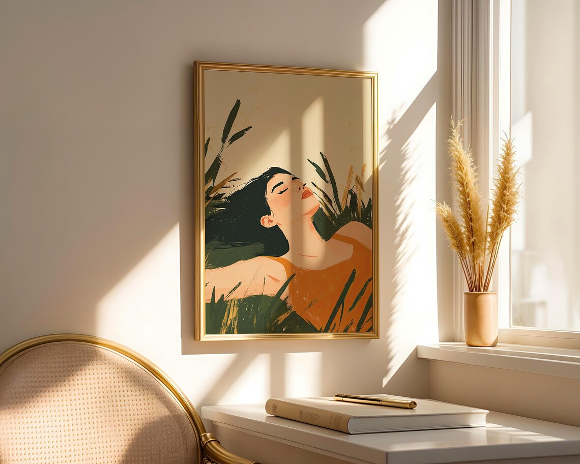 Abstract People Large Wall Art Sunlit Relaxation Orange Woman Minimalist Print Elegant For Contemporary Home Decor - Image 4
