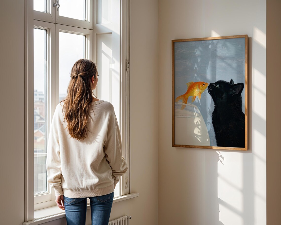 Black Cat Nose To Nose With Goldfish Cute Surreal Blue Background Cat Lover Art Poster - Image 2