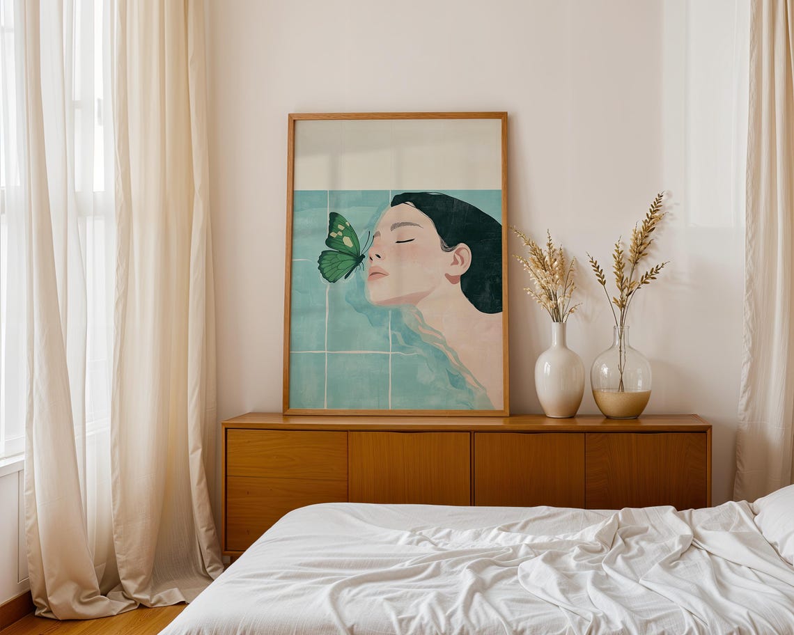 Abstract People Large Wall Art Woman Butterfly Light Bleu Minimalist Print Elegant For Cosy Home Decoration - Image 4
