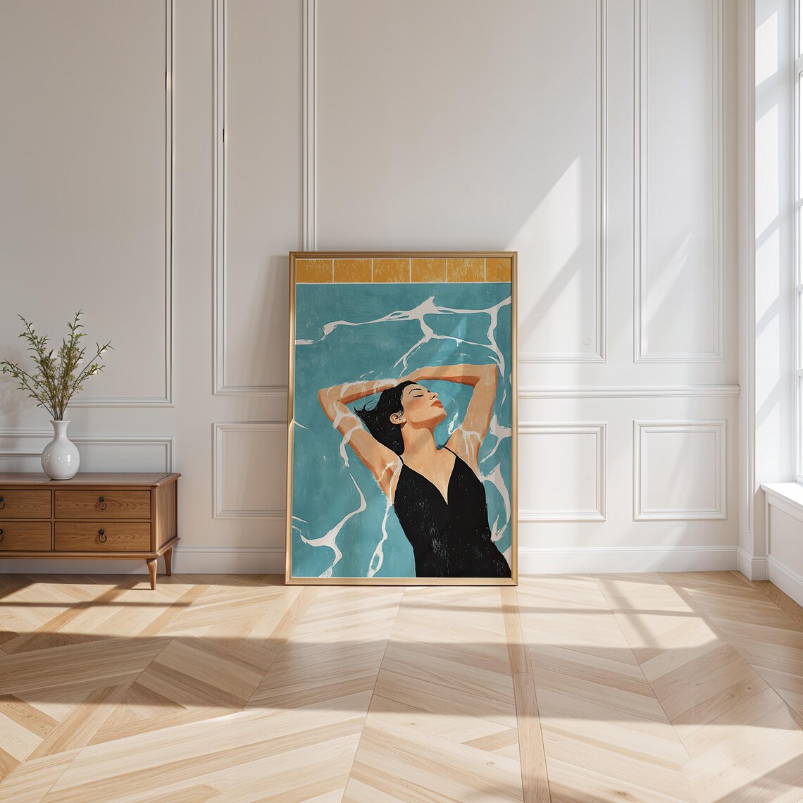 Woman Floating in Turquoise Pool in Black Swimsuit Summer Poster - Image 4