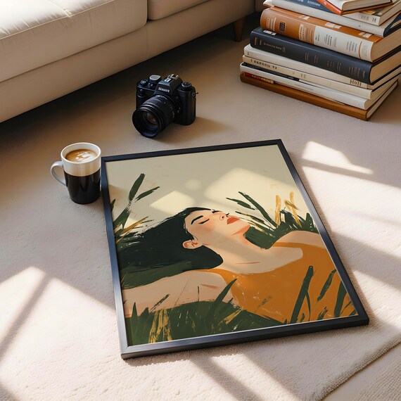 Abstract People Large Wall Art Sunlit Relaxation Orange Woman Minimalist Print Elegant For Contemporary Home Decor