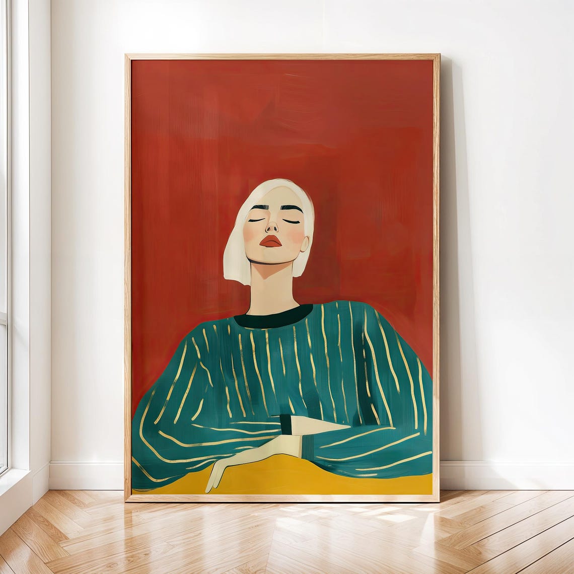 Abstract Woman Portrait Minimalist Female Wall Art Modern Fashion Illustration Red Green Painting Artwork Contemporary Decor Hobo Home Decor
