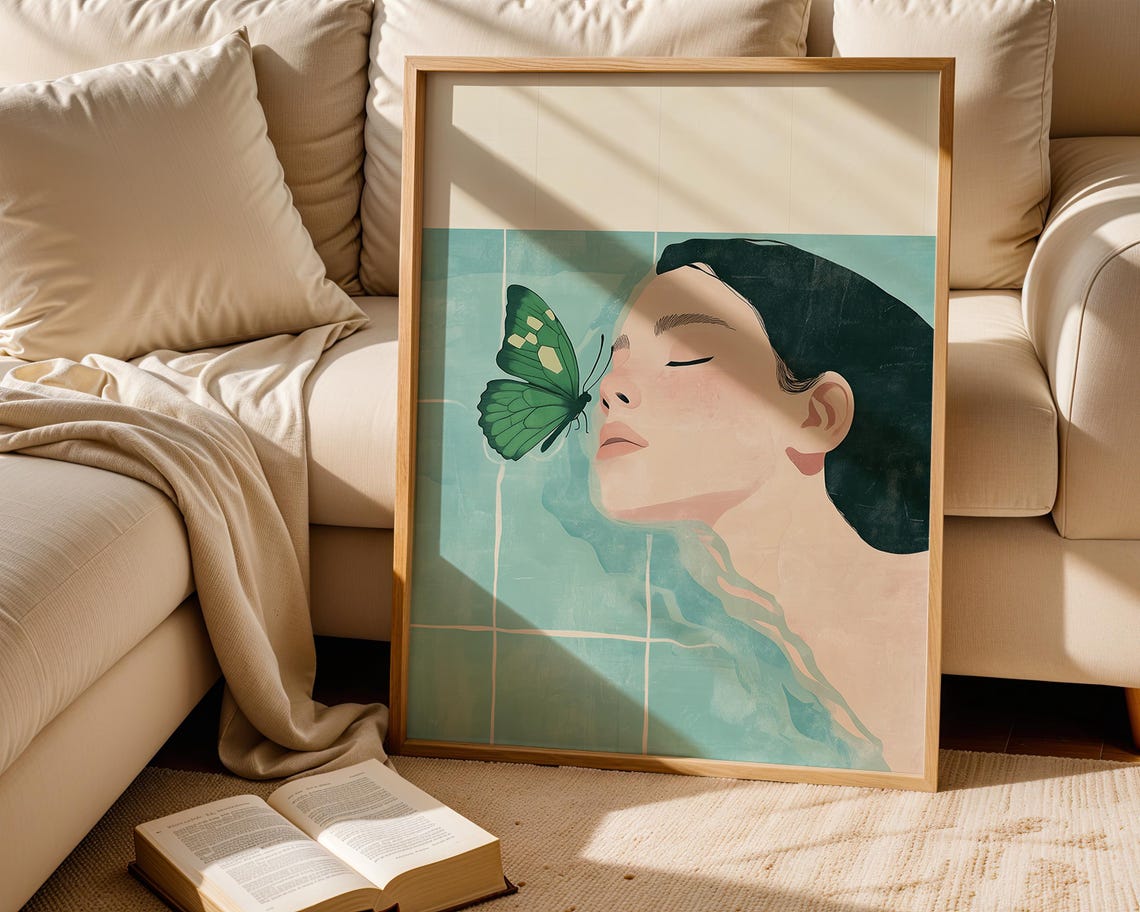 Abstract People Large Wall Art Woman Butterfly Light Bleu Minimalist Print Elegant For Cosy Home Decoration - Image 6