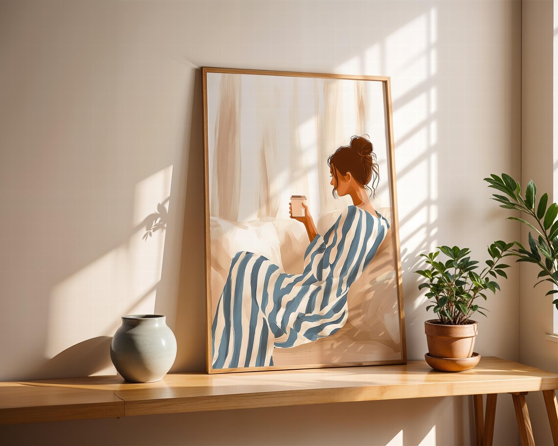 Abstract Cozy Coffee Art Modern Woman Print Minimalist Wall Art Neutral Decor Relaxing Morning Illustration Boho Bedroom Gift - Image 3