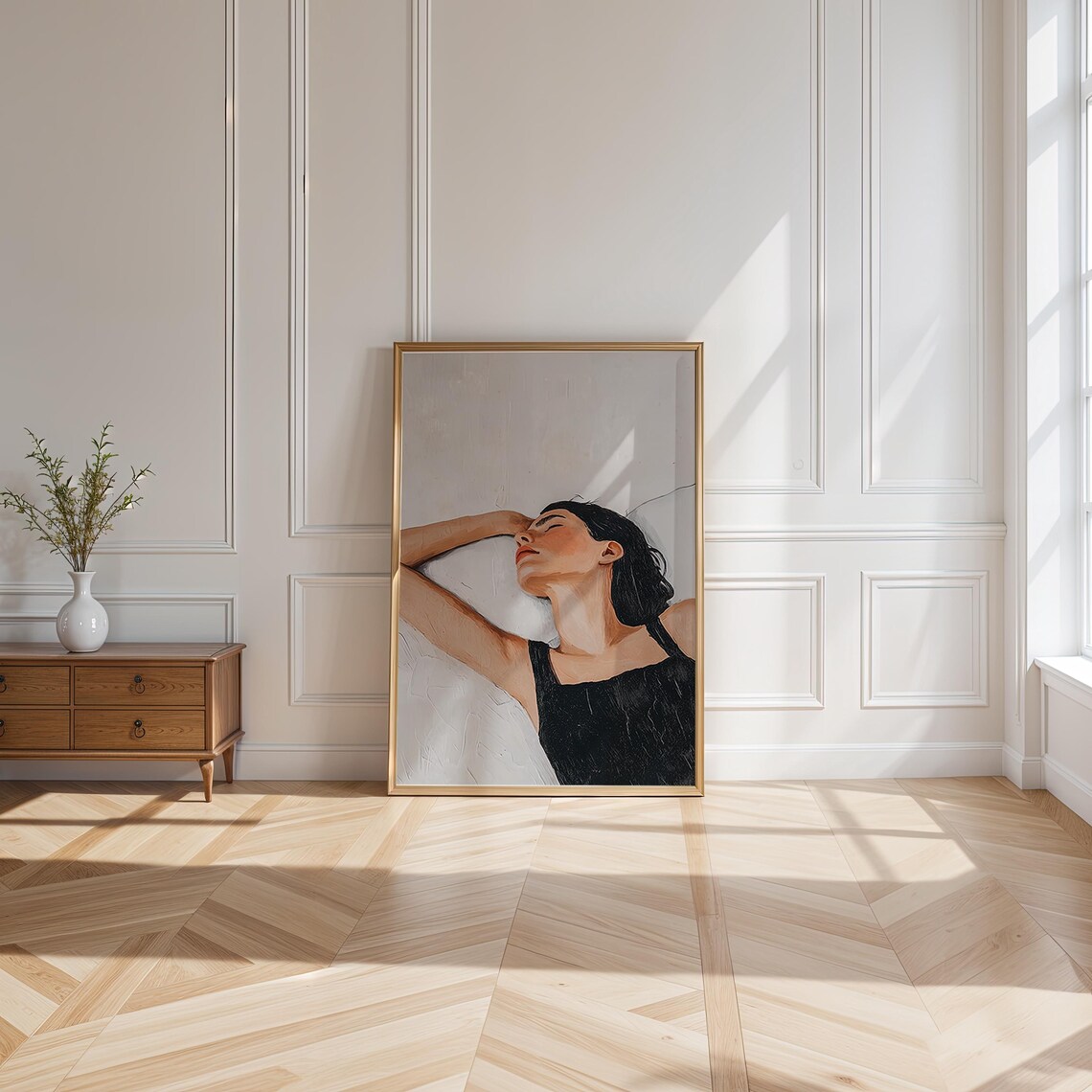 Sleeping Woman In Black Dress Arm Raised Soft Neutral Minimalist Oil Style Art Poster - Image 4