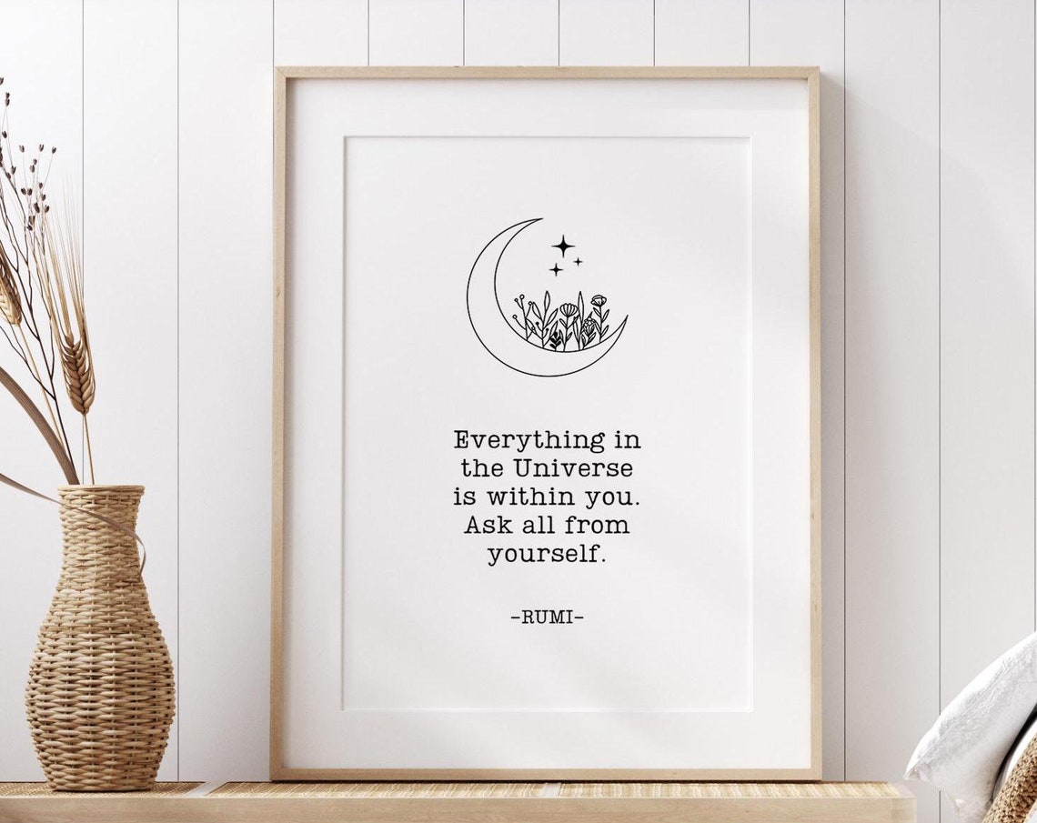 Rumi Quote Everything in the Universe Moon Floral Line Art Poster
