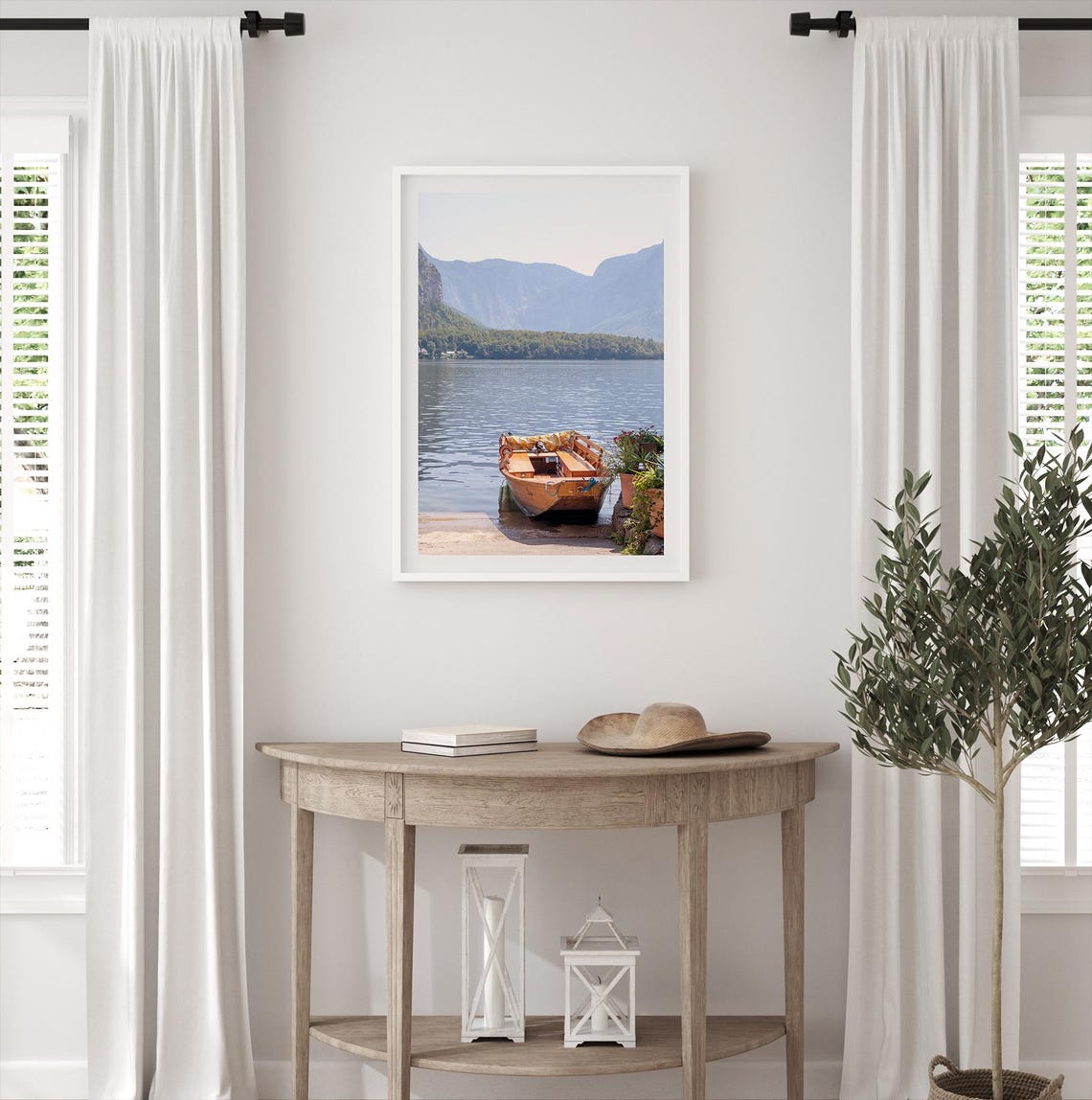 Hallstatt Austria Wooden Boat Mountain Lake Serene Alpine View Poster - Image 3