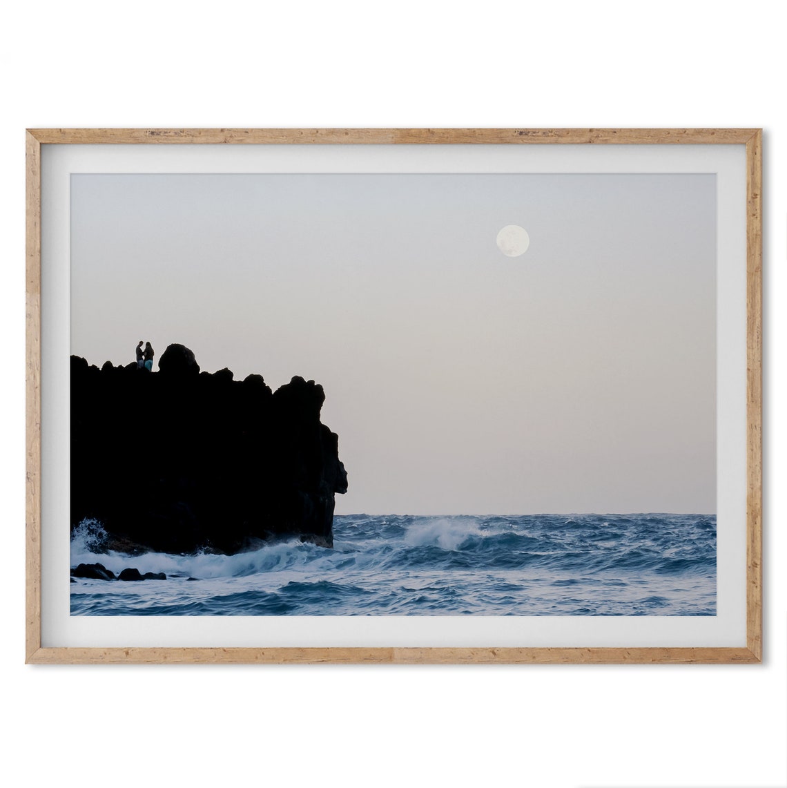 Ocean Moonrise Rocky Cliff Couple Silhouette Waves Night View Poster - Image 5