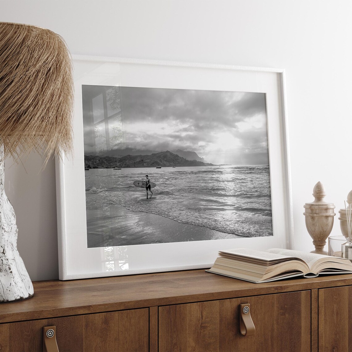 Kauai Surf, Hanalei Bay Black and White Travel Poster - Image 2