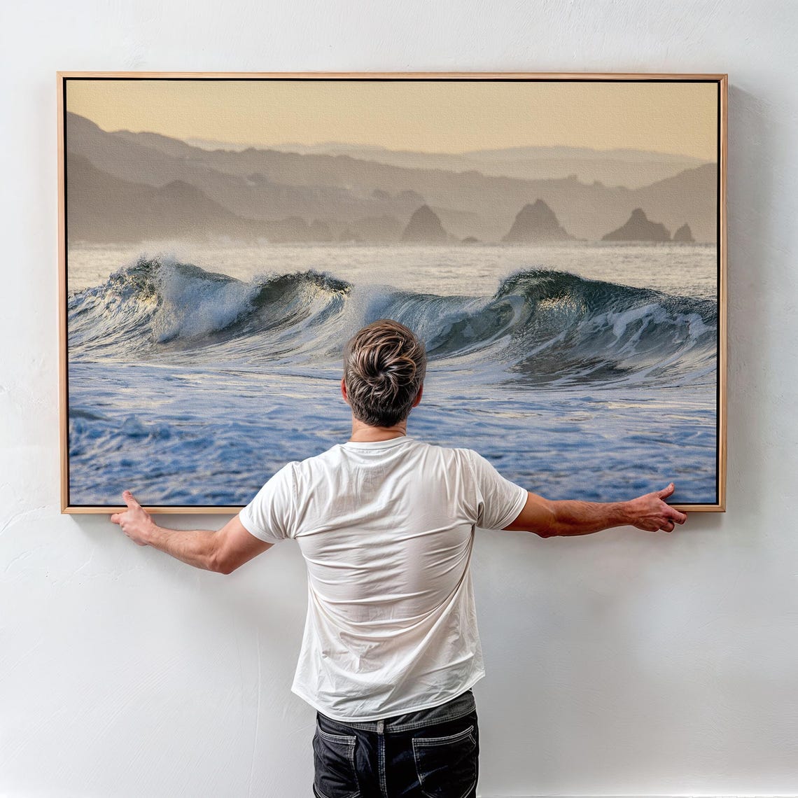 Golden Sunset Ocean Wave Rolling Surf Sea Stacks Silhouette Poster - Image 2