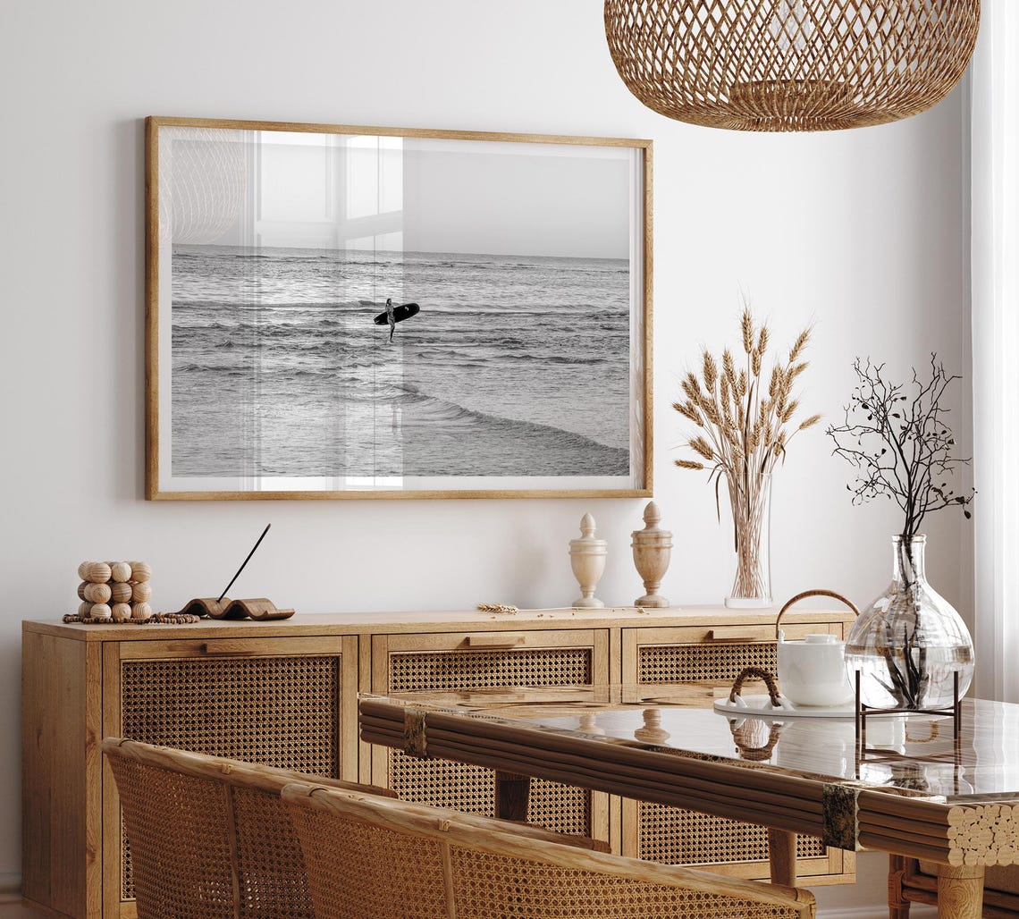 Woman Surfer Walking Out Ocean Longboard Black And White Beach Poster - Image 5