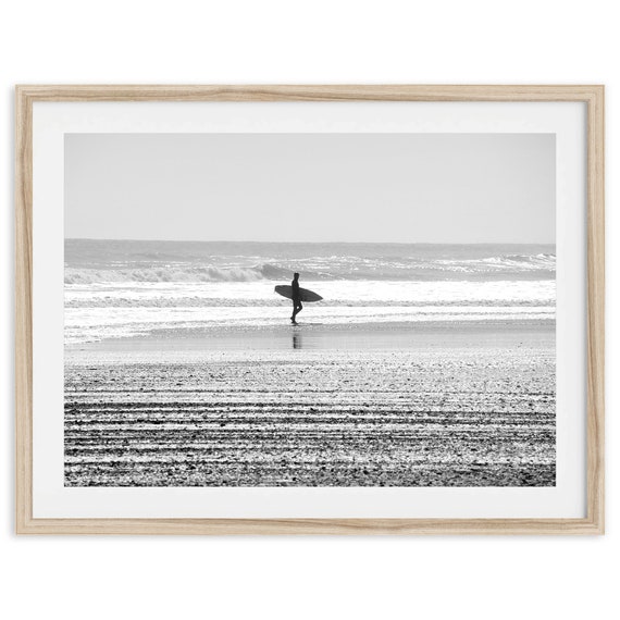 Lone Surfer Minimalist Black And White Beach Art Print