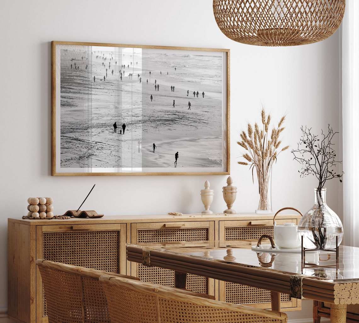 Black And White Crowded Beach People Shore Silhouettes View Poster - Image 4