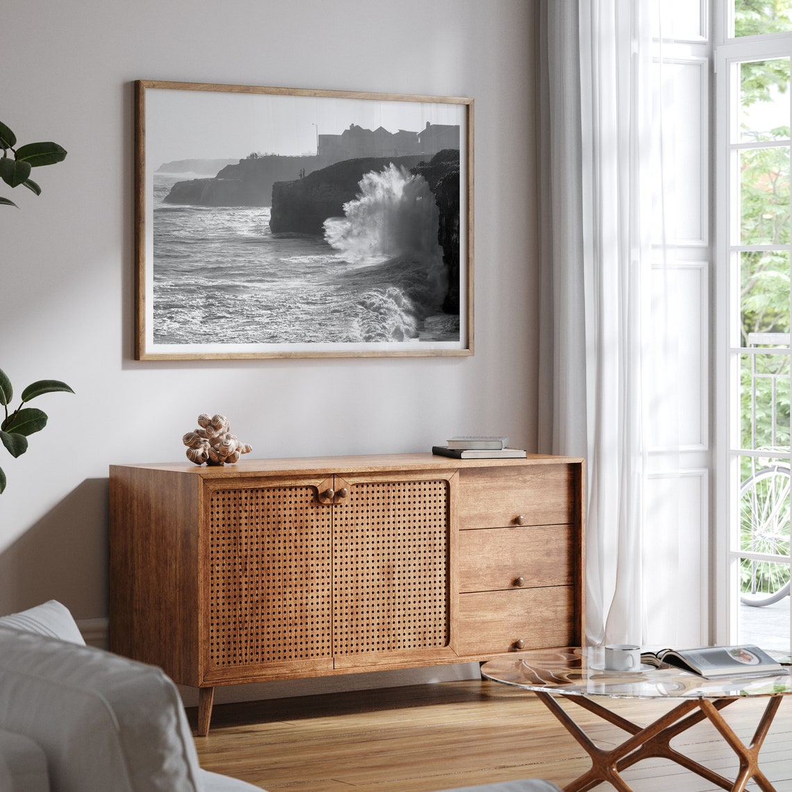 Black And White Crashing Waves Rocky Cliffs Beach Houses Coast Poster - Image 3