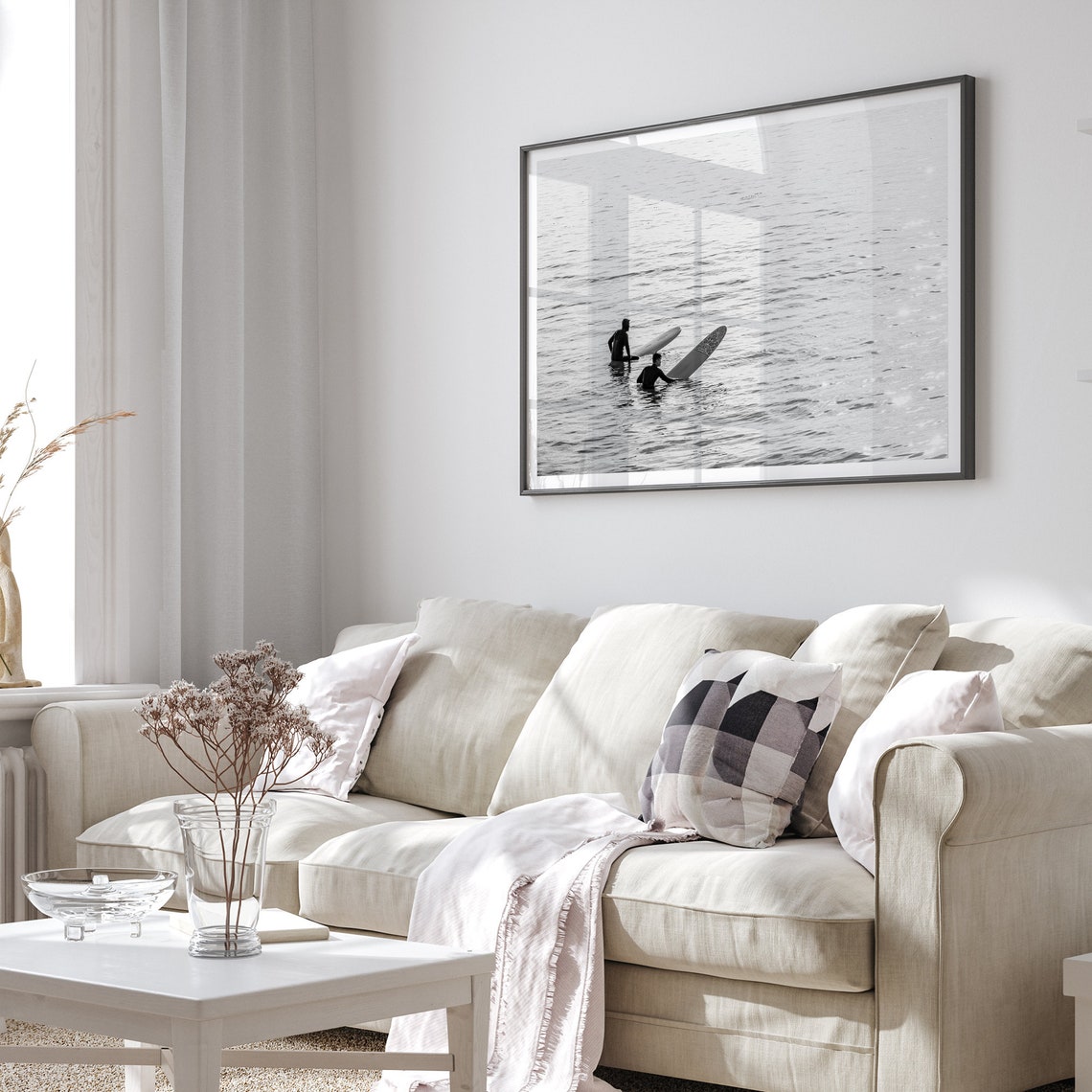 Black And White Surfers Waiting Ocean Longboard Surf Photo Poster - Image 2