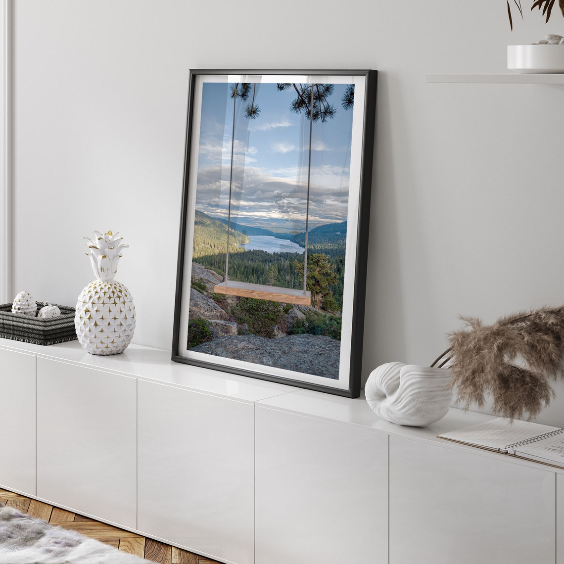 Sierra Mountain Lake View Wooden Swing Overlook Pine Forest Poster - Image 2