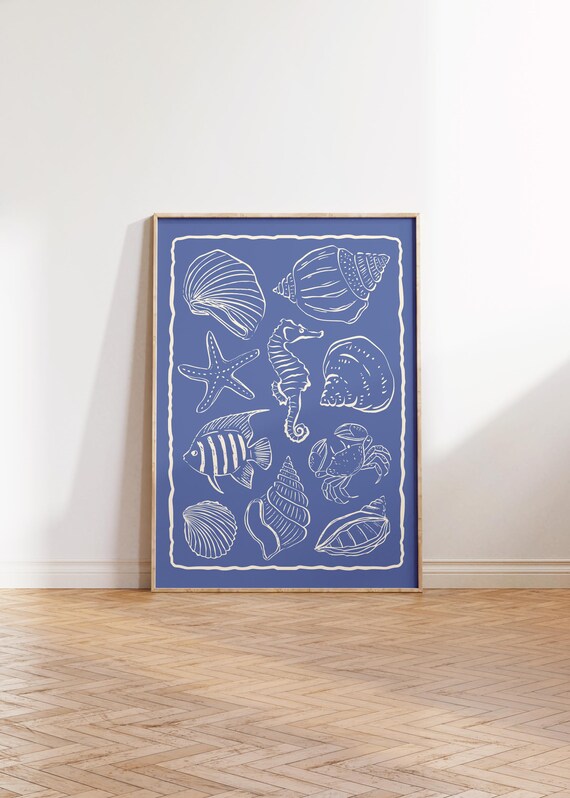 Blue Line Art Seashells and Sea Animals Coastal Decor Poster