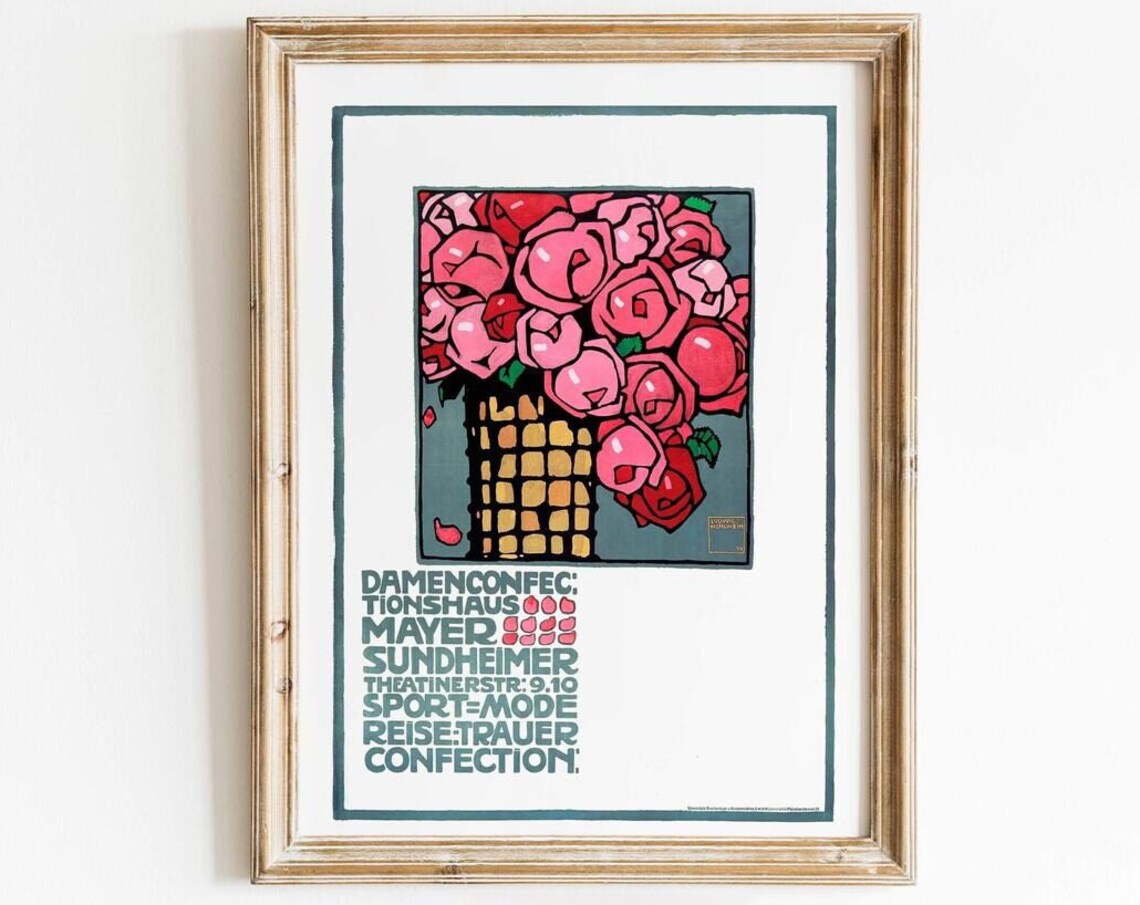 Hohlwein Roses German Ad Pink Bouquet Vintage Floral Art Poster