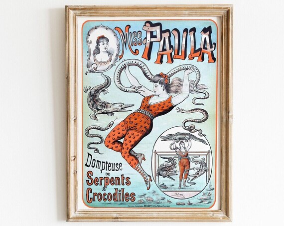 Miss Paula Snake Charmer Vintage French Circus Crocodile Poster Art