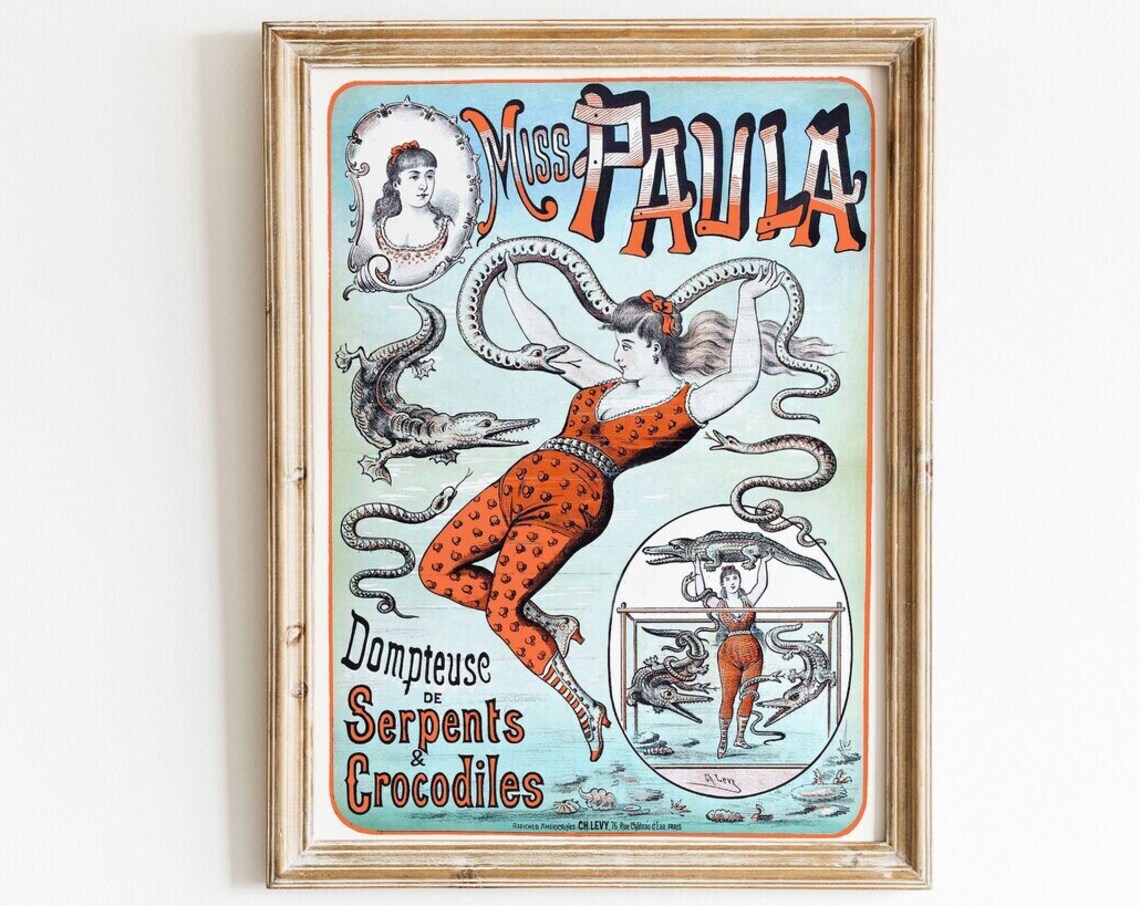Miss Paula Snake Charmer Vintage French Circus Crocodile Poster Art