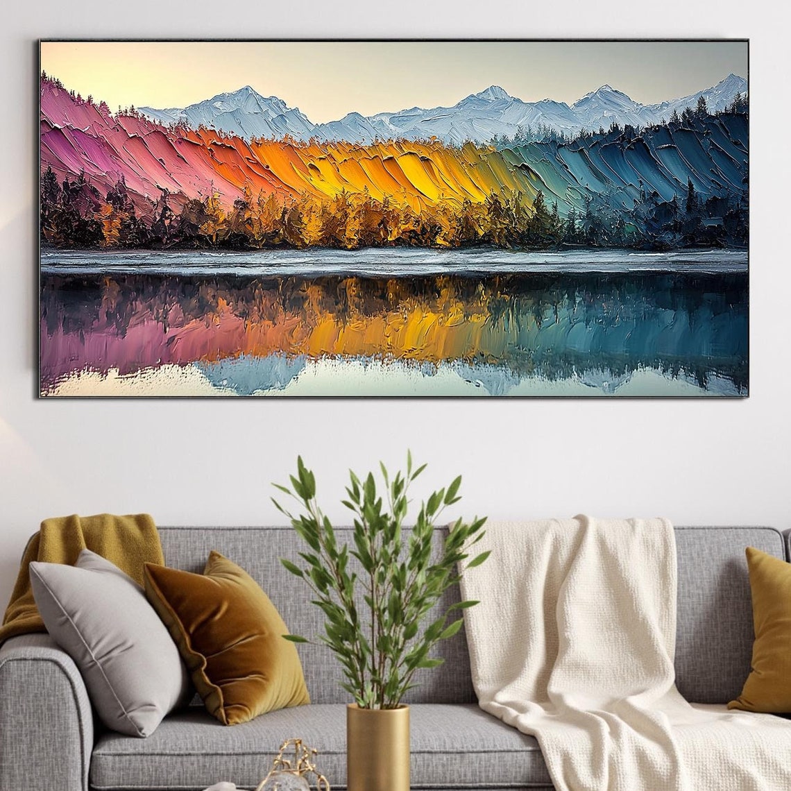 Colorful Rainbow Mountains Lake Reflection Impasto Nature Art Poster