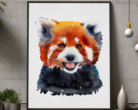Red Panda Watercolor Art Print, Animal Painting