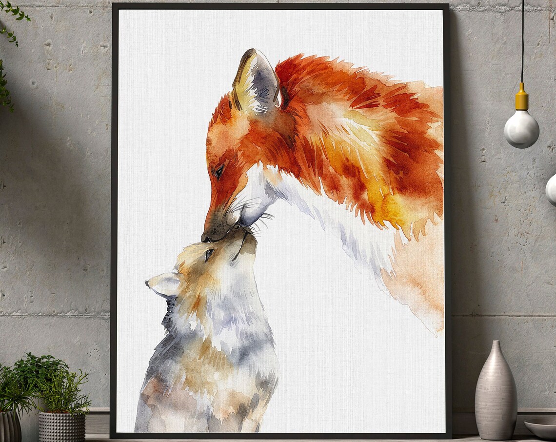 Watercolor Fox Nursery Wall Art Print, Baby Fox