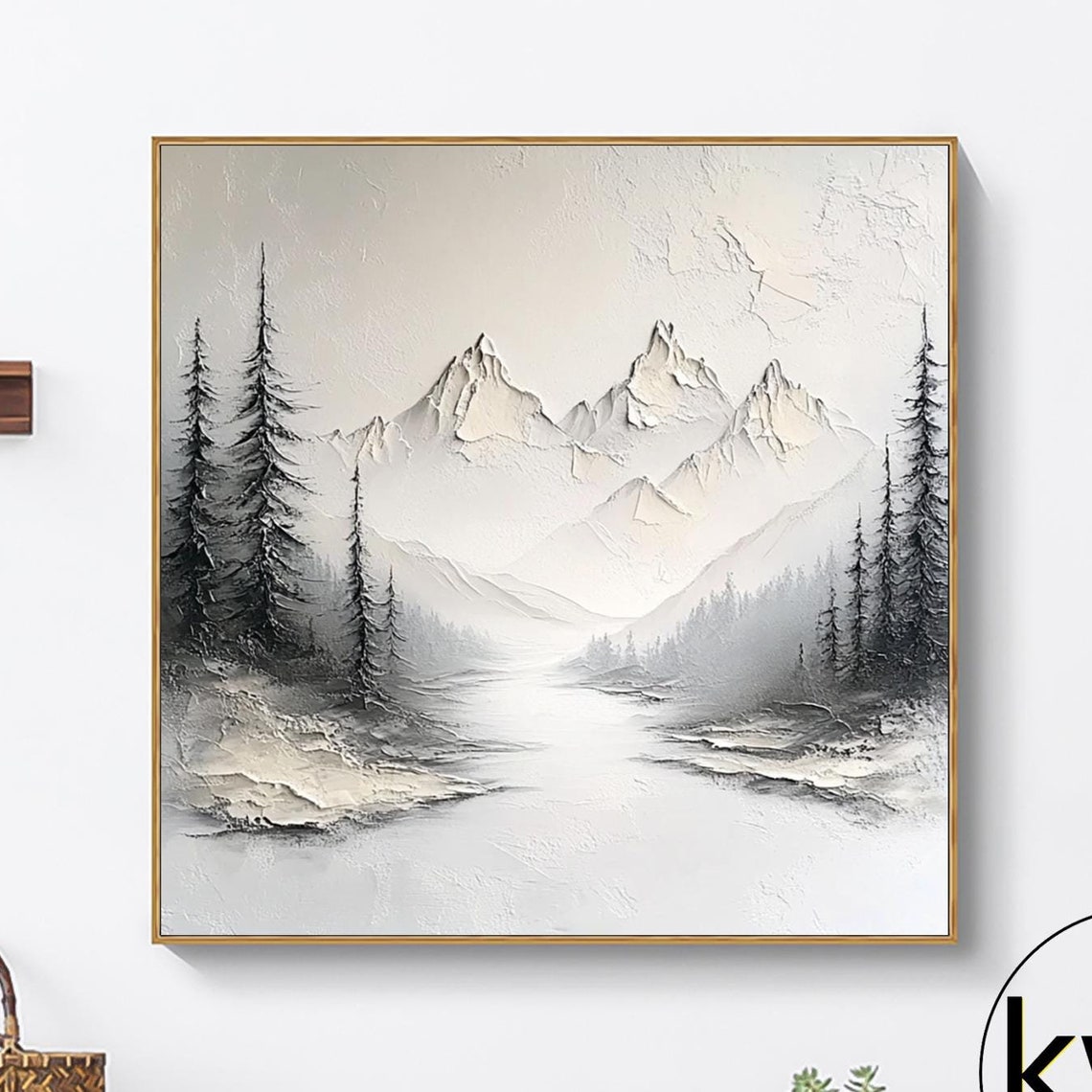 Snowy Mountain River Valley Pine Trees Misty Peaks Wall Art Poster