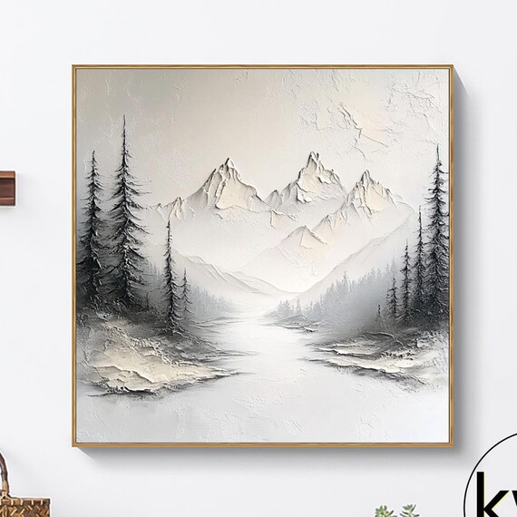 Large Snow Mountain Landscape Painting 3d Textured Mountain Painting River Forest Landscape Wall Art Modern Living Room Wall Art Decor