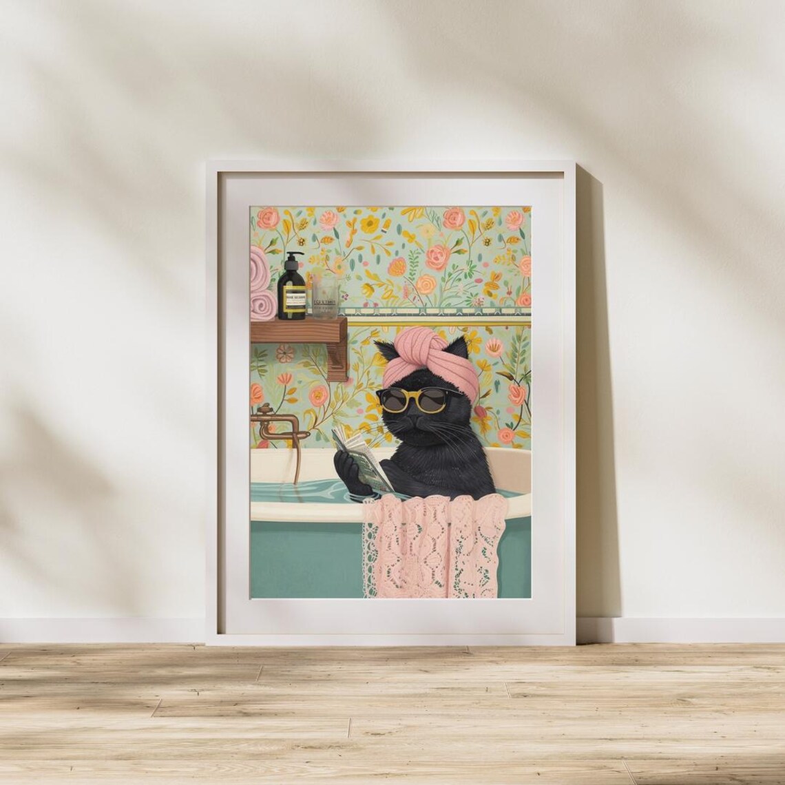 Black Cat Reading in Bathtub Pink Turban Funny Bathroom Poster