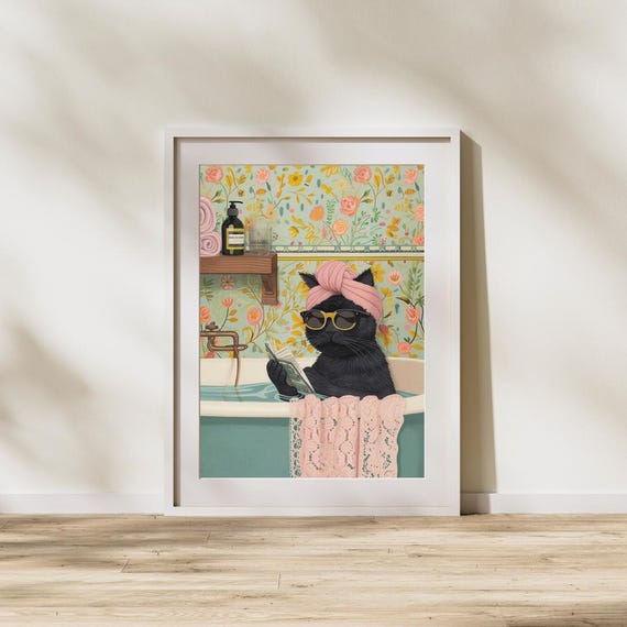 Funny Black Cat Bathroom Wall Art On Toilet Poster With Sunglasses Quirky Lover Gift Aninal