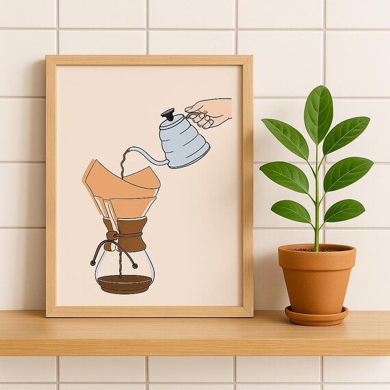 Pour Over Chemex Coffee Brewing Hand Drawn Minimalist Kitchen Poster