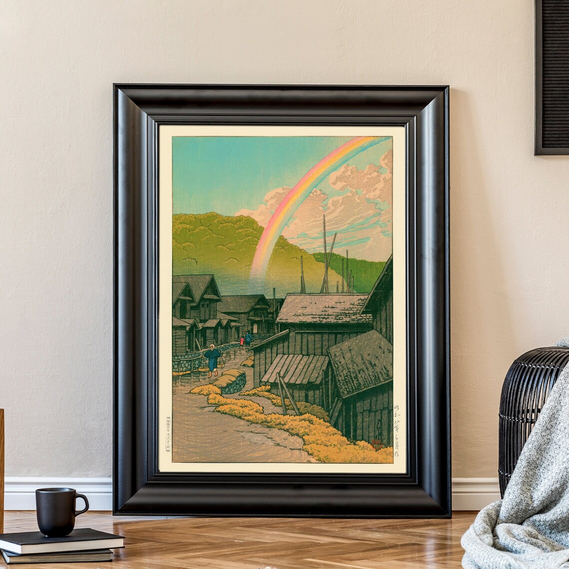 Kawase Hasui Rainbow Over Village Wooden Houses Hills Vintage Woodblock Poster - Image 2