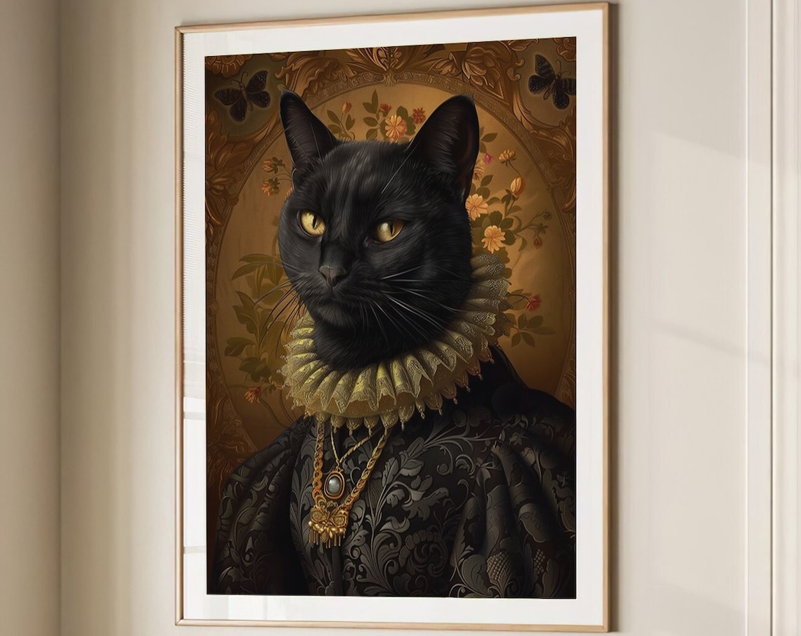 Black Cat in Brocade Gown with Ruff Collar and Gold Pendant Necklace Poster